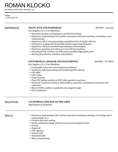 example of cnc machinist resume